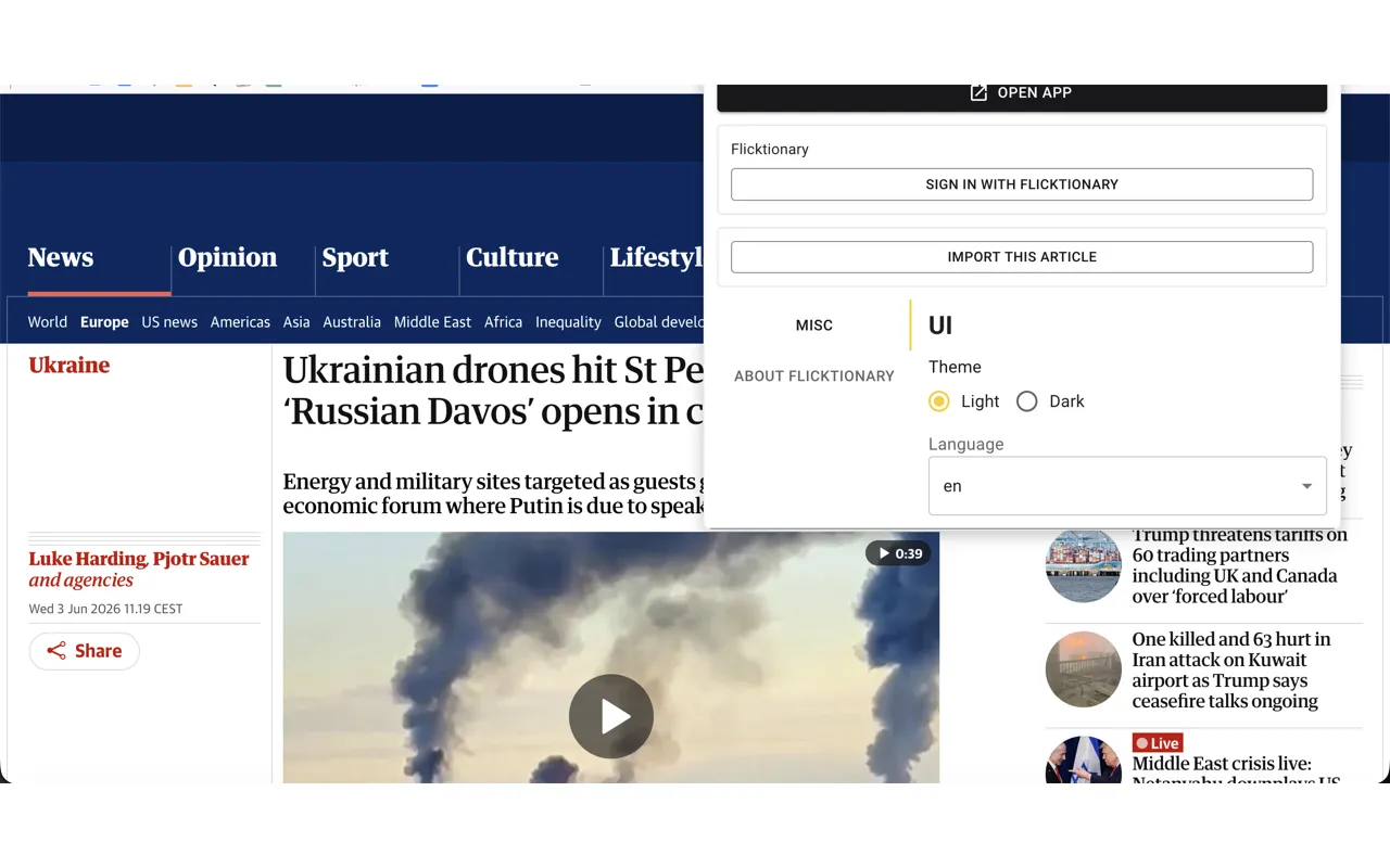 The Flicktionary extension popup on a news site with an “Import this article” button