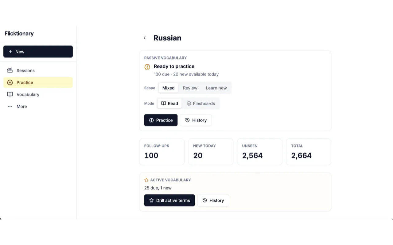The Flicktionary practice screen for Russian showing words due for review