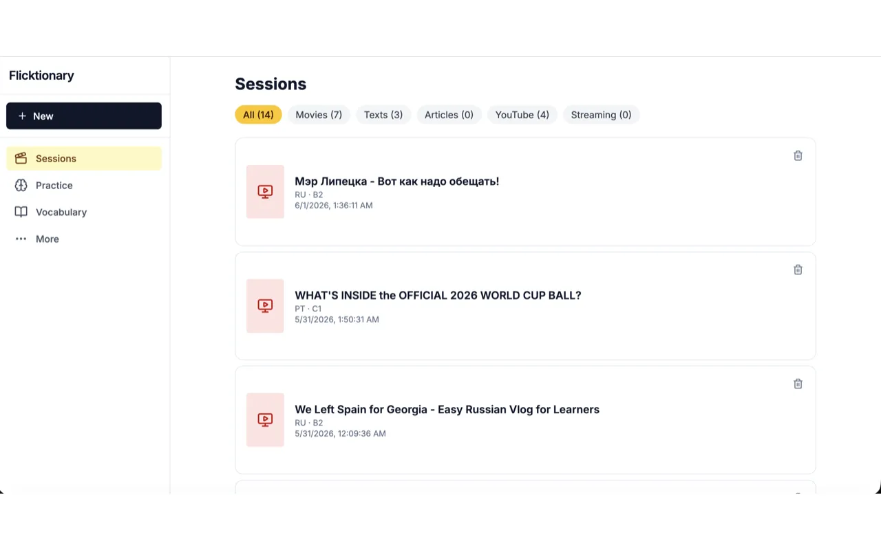 The Flicktionary sessions screen listing watched videos with language and difficulty labels