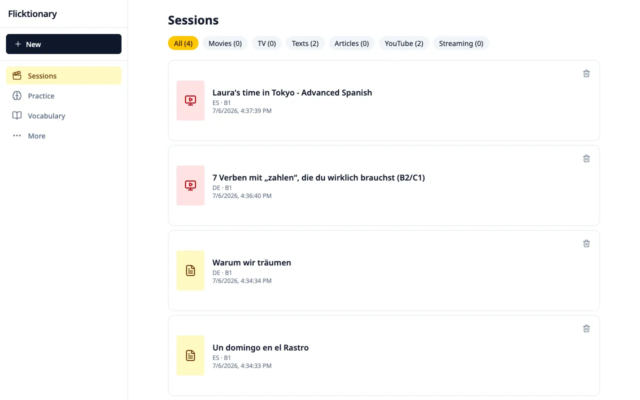 The Flicktionary sessions screen listing watched videos with language and difficulty labels