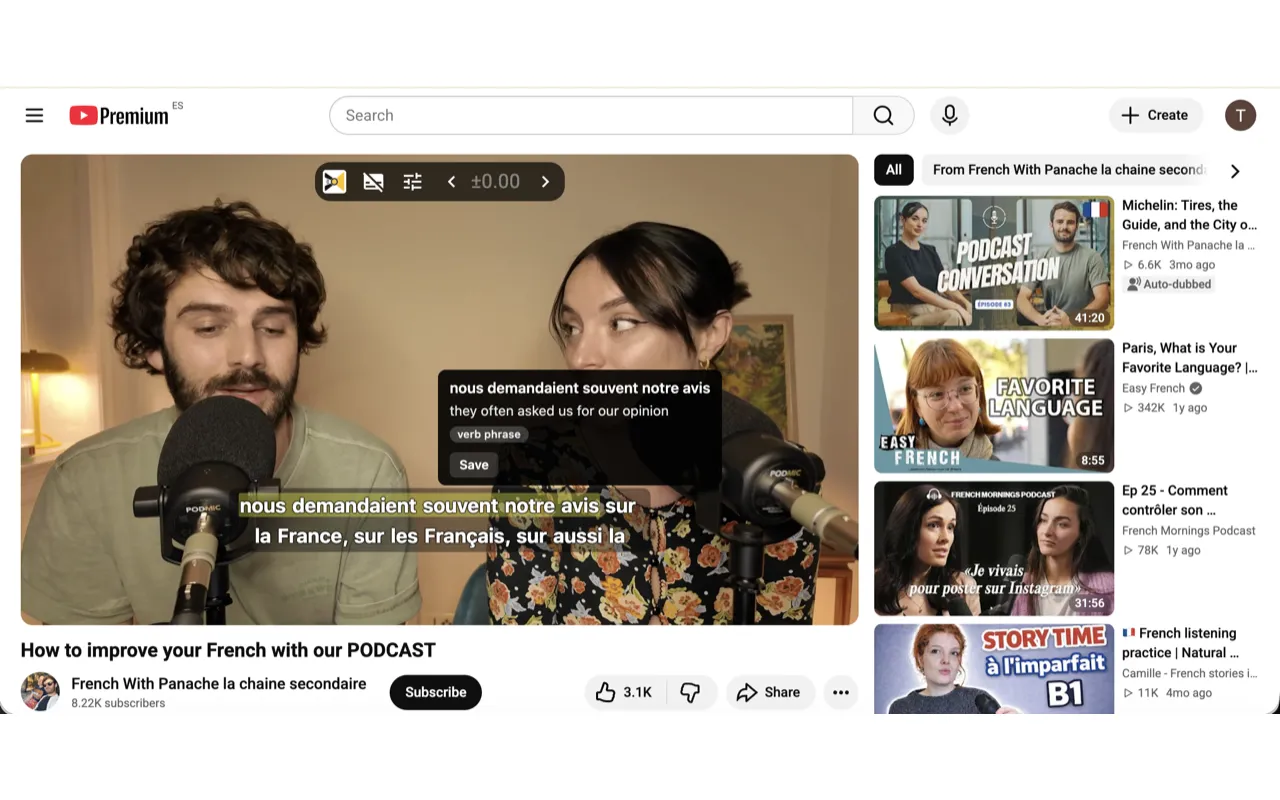 Flicktionary showing the meaning of a French phrase in a popover above YouTube subtitles