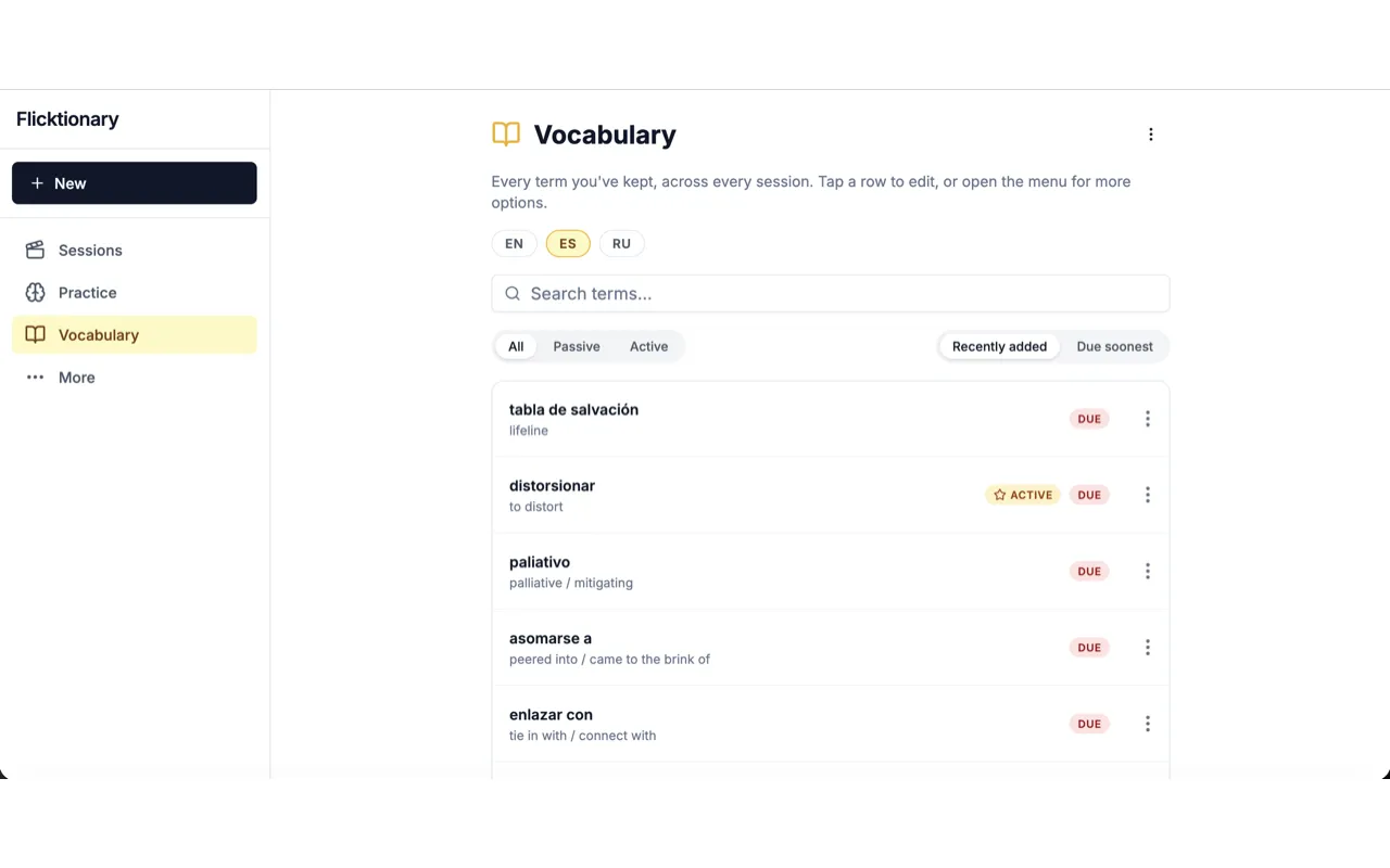 The Flicktionary vocabulary screen listing saved Spanish terms with translations and review badges