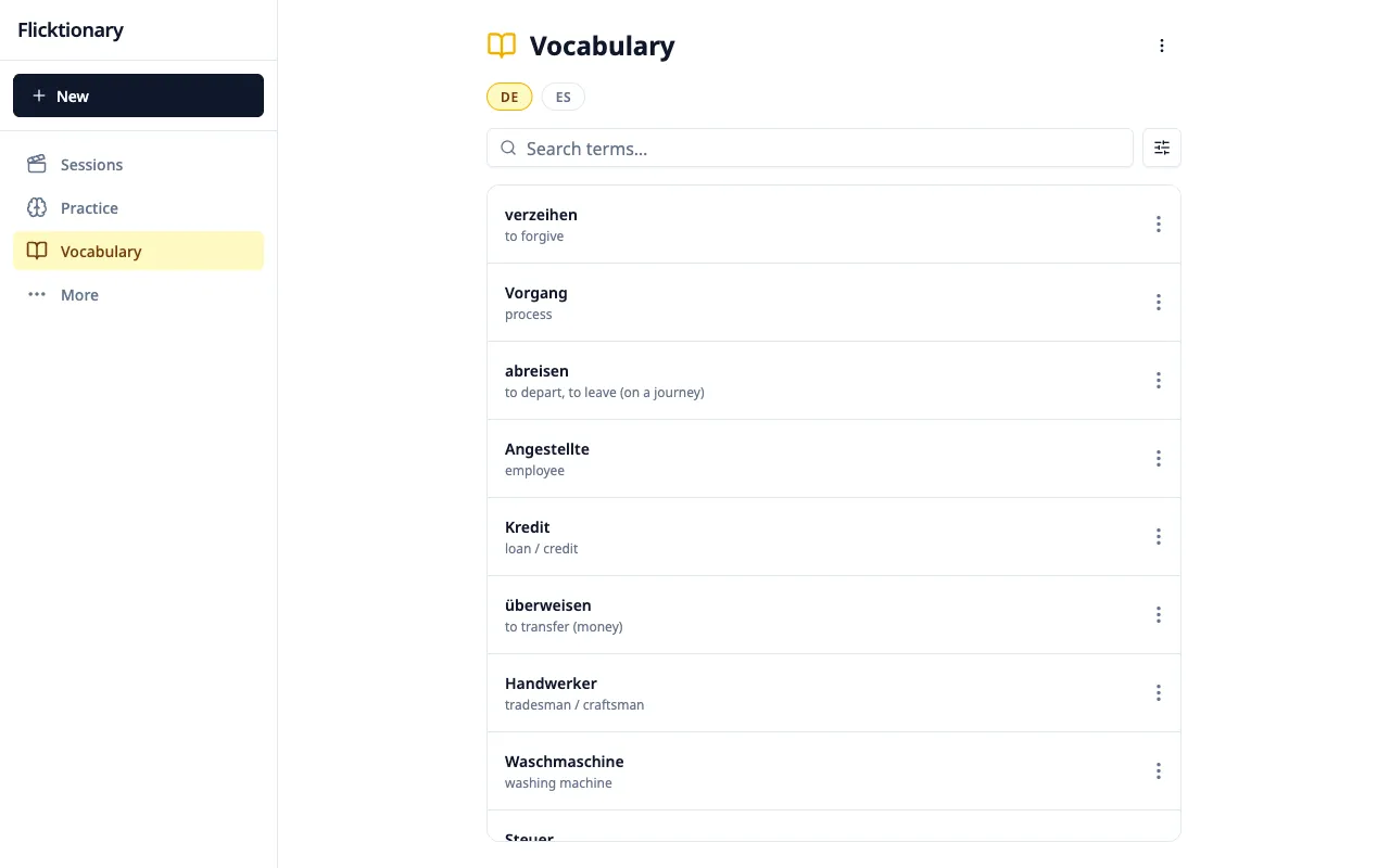 The Flicktionary vocabulary screen listing saved Spanish terms with translations and review badges